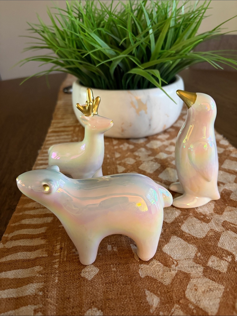 Iridescent White Ceramic Animal Figurine Set with Gold Accents
